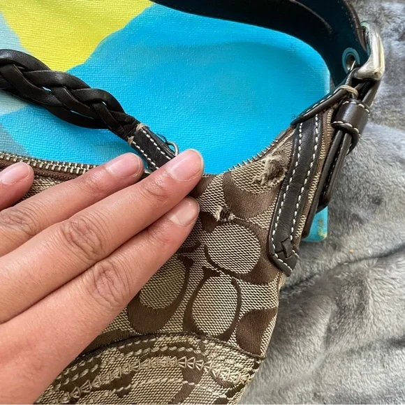 Coach Signature Jacquard Logo Mini Hobo Shoulder Bag Tan Brown - Picture 4 of 6